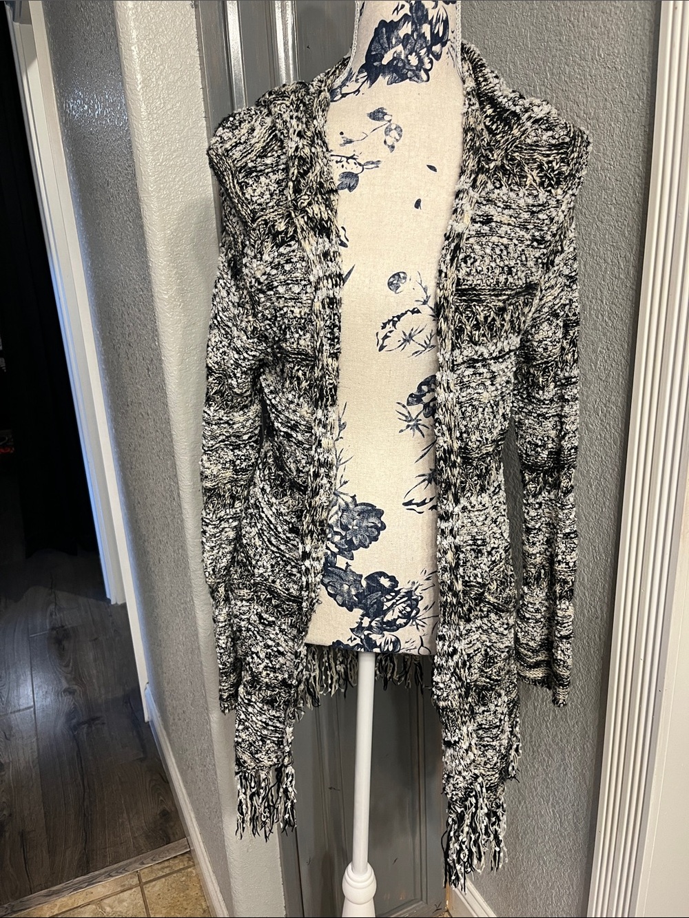 American Rag Black & White Marled Fringe Cardigan Sweater
